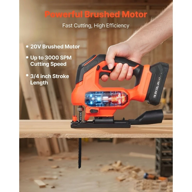 

Cordless Jig Saw, 20 V, 3000 SPM Blade Speed, Cordless Jigsaw with Battery and Charger, LED Light, 6 Variable Speed, 0- 45°