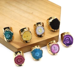 Natural Druzy Agate Adjustable Gold-plated Women Finger Ring 8 Colors Sun Flower Reiki Quartz Heal Crystal Geode Rings Jewelry