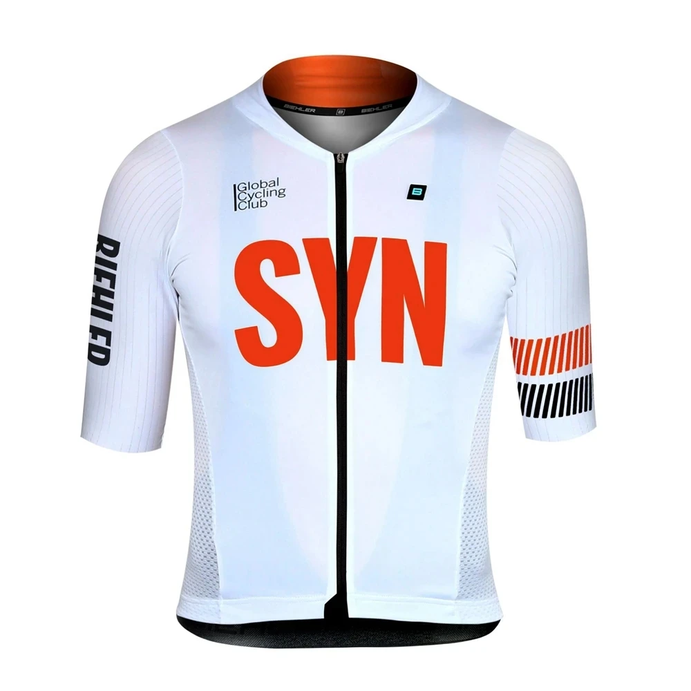 White Syn Summer Set da ciclismo da uomo traspirante e confortevole maglia a maniche corte e pantaloncini con bretelle Logo rosso abbigliamento MTB