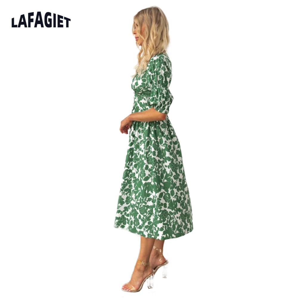 Flower Print Women Dresses   Summer 2022 Sexy  V-neck Pastoral Style Loose And Breathable Elbow Sleeve Skirt A Line Mini Dress