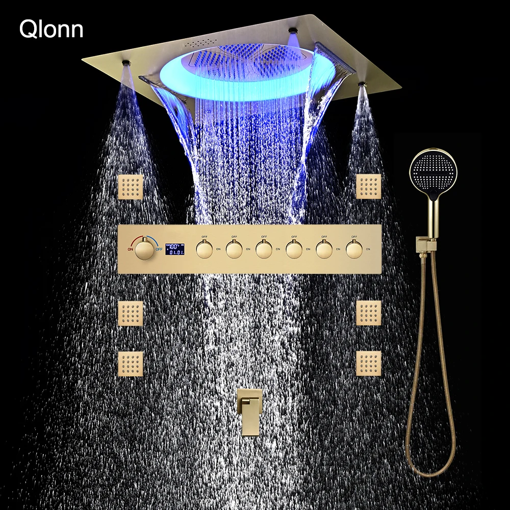 Qlonn 6 Functions Showers Set 550mm Shower Head LED Lighting Music Rain Massage Bathroom Hot Cold Water Diverter SPA Side Spray