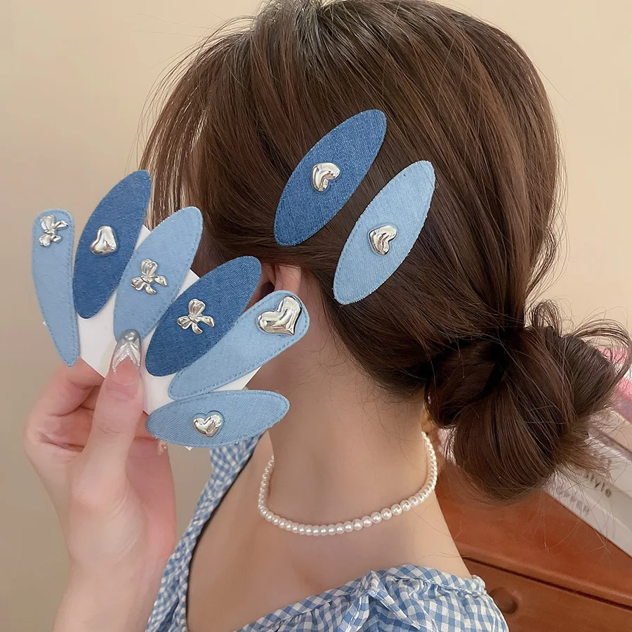 Grampo de cabelo lateral com laço de amor de tecido jeans para mulheres 2025 moda simples e versátil grampos de cabelo com bico de pato joias com clipe lateral