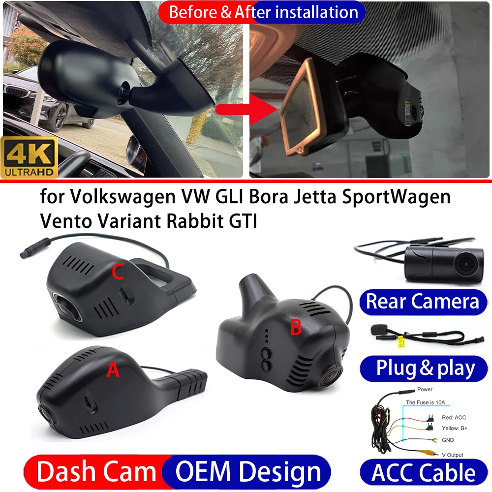 Cámara para Auto Volkswagen VW GLI Bora Jetta SportWagen Vento Variant Rabbit GTI, Grabadora de Conducción DVR 4K UHD, Cámara para el Tablero