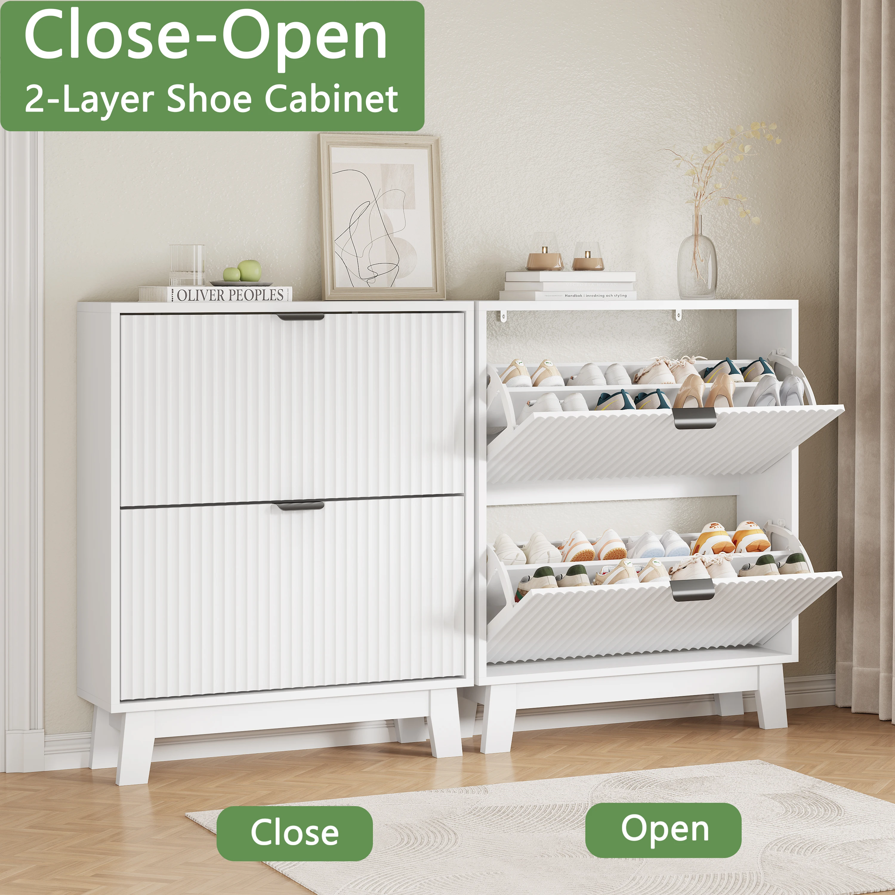 Shoe Cabinet with 2 Flip Drawers, 37" Tall Narrow Fluted Shoe Storage Organizer for Entryway, Hidden Slim Wooden Shoe Rack image 5