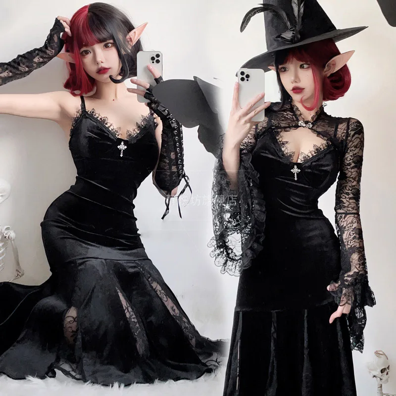 Halloween Costume for Women Anime Cosplay Dark Gothic Black Dress Sexy Cheongsam Witch Multi Inspection Set Vestidos Disfrza