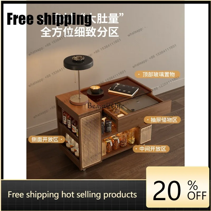 JJ Solid Wood Coffee Table Movable Narrow Cabinet Living Room Tea Cabinet Antique Trolley