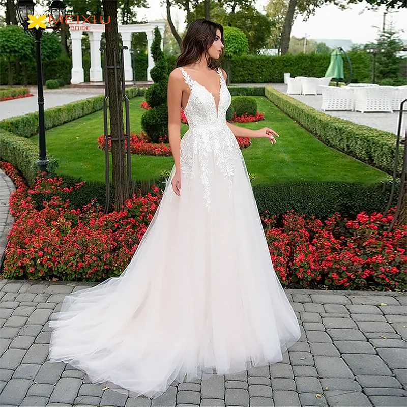 

New Decal Double Shoulder Deep V Sexy Wedding Dress Custom Elegant Floral A-Line Design Photograph Beautiful Bridal Gowns