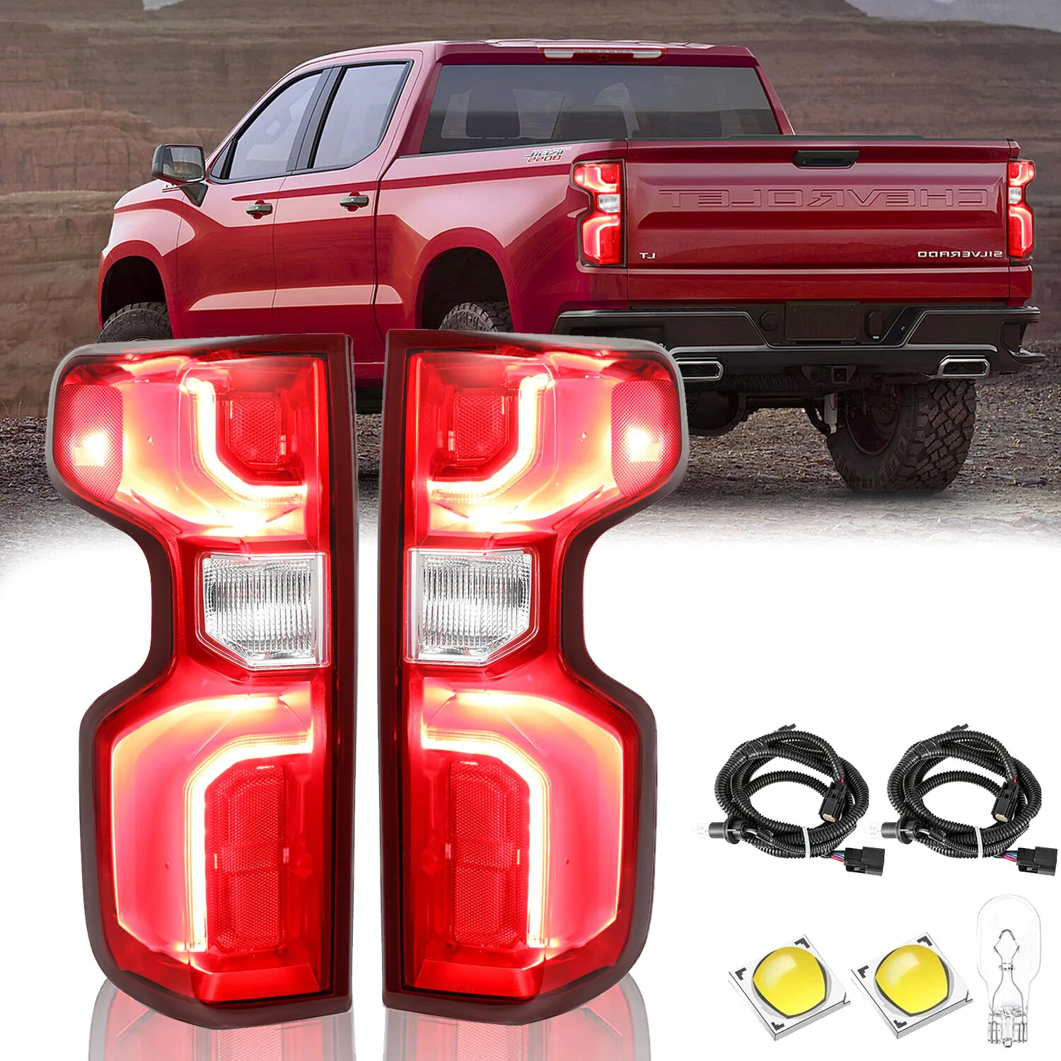 

Светодиодные задние фонари с проводкой для Chevrolet Silverado 1500 2019-2023 гг., левый+правый