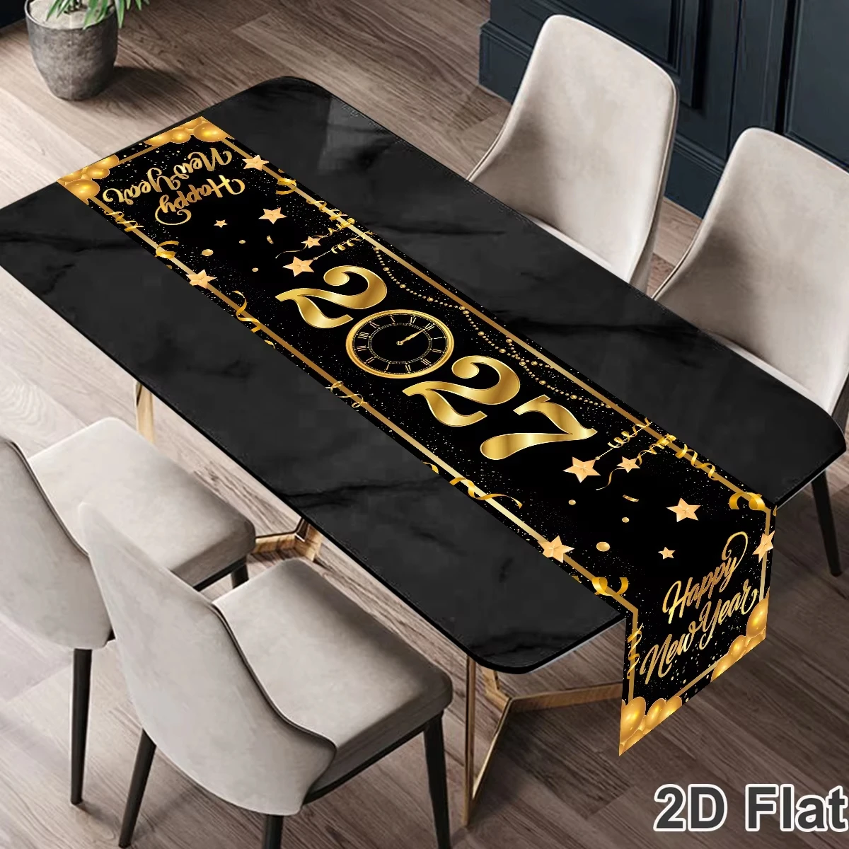 Happy New Year 2027 Table Runner Black Gold Countdown Clock Balloons Stars Linen Eve Party Dining Table Decor Home Gifts