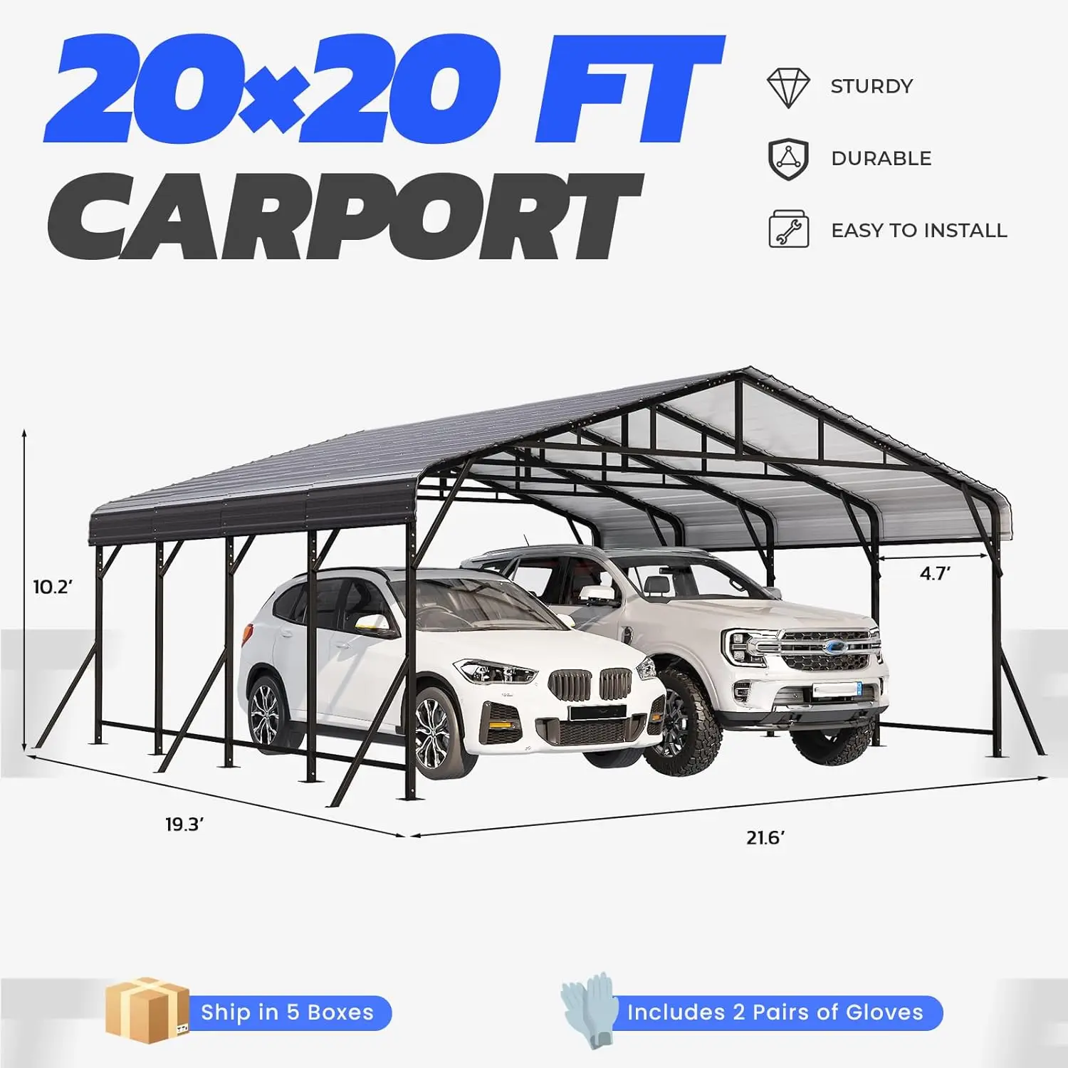 

Heavy Duty Metal Carport Galvanized Steel Frame Roof All Weather Car Shed 20x20 FT, Custom