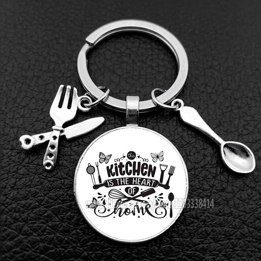 Fashion I love cooking keychains Happy Kitchen Knife and Fork Pendant Glass Dome Keychain Wholesale of restaurant kitchen gifts