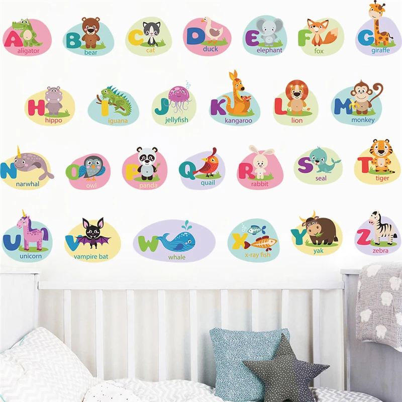 Learning English Letters With Cute Animals Wall Sticker For Kids Room Decoration Alphabet Mural Art Home Decal Nursery Poster