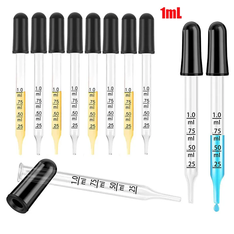 1ML Transparent Laboratory Glass Dropper with Graduated Rubber Straight Head, School Laboratory Supplies 10 Pieces/pack