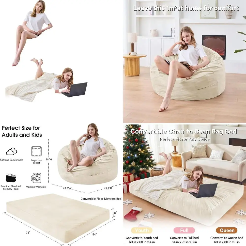 Adult-Sized Convertible Bean Bag Chair - Microfiber Cover Sofa with Foam Filling - Ideal for Bedrooms and Dorms - Full Beige
