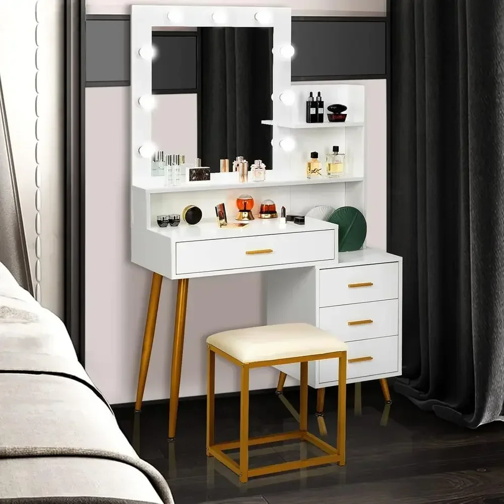 Illuminated Makeup Vanity Set with 9 LED Lights, Storage Shelves and Drawers for Women & Girls, White & Gold Finish