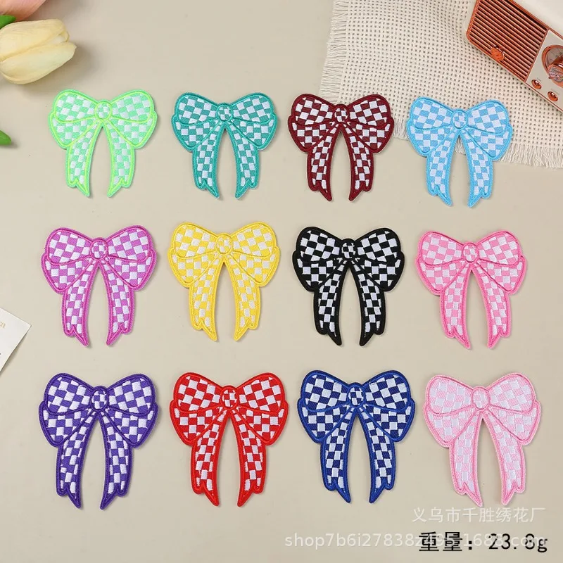 50pcs/Lot Grid Bow Tie Embroidery Patch Bag Hairdresser Clothing Decoration Accessory Craft Diy Applique
