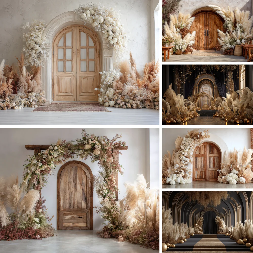 

Boho Style Wedding Portrait Backdrop Wood Door Pampas Grass Adult Birthday Party Decor Maternity Portrait Photography Background