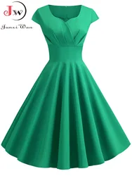 New Summer Women Vintage Dress Short Sleeve V Neck Casual Elegant Retro Pin up Party Midi Dresses Vestidos Robe