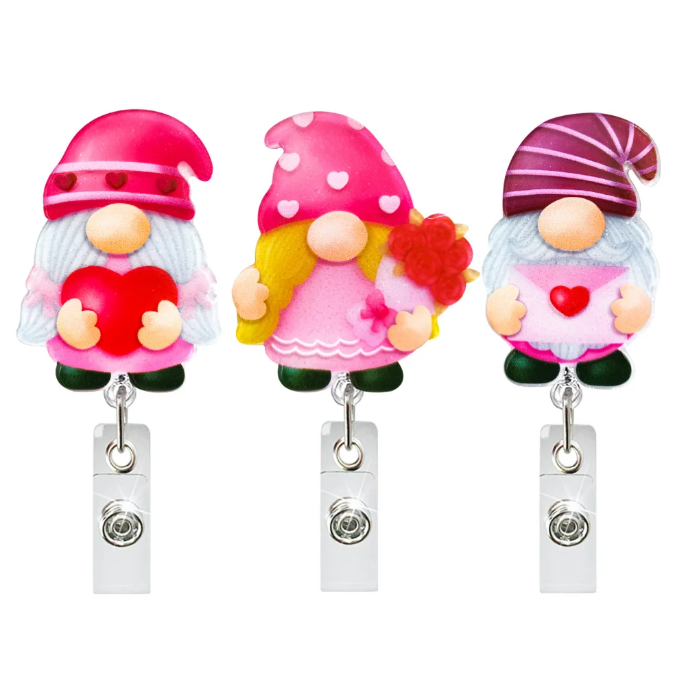 Valentine's Day Gnomes Acrylic Retractable Badge Reel Doctor Nurse Students ID Name Card Holder Badge Buckle Office Supplies