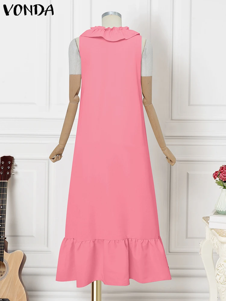 플러스 사이즈 5XL VONDA 여름 긴 드레스 여성 민소매 섹시한 프릴 맥시 베스 티드 v 넥 캐주얼 솔리드 컬러 비치 탱크 Sundress