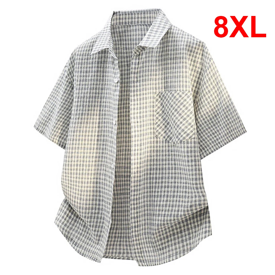 

Летние рубашки-карго для мужчин, размер 8XL, большие размеры, с коротким рукавом, модные повседневные рубашки в клетку, мужские летние топы, большие размеры 8XL