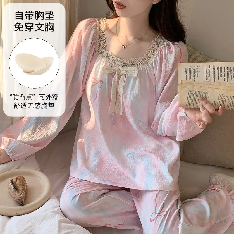 

2025 New Fashion Women's Long Pajamas Set Autumn and Spring Nightwear Big Size M-2XL Sweet Loungewear Mujer Pijamas Dropship