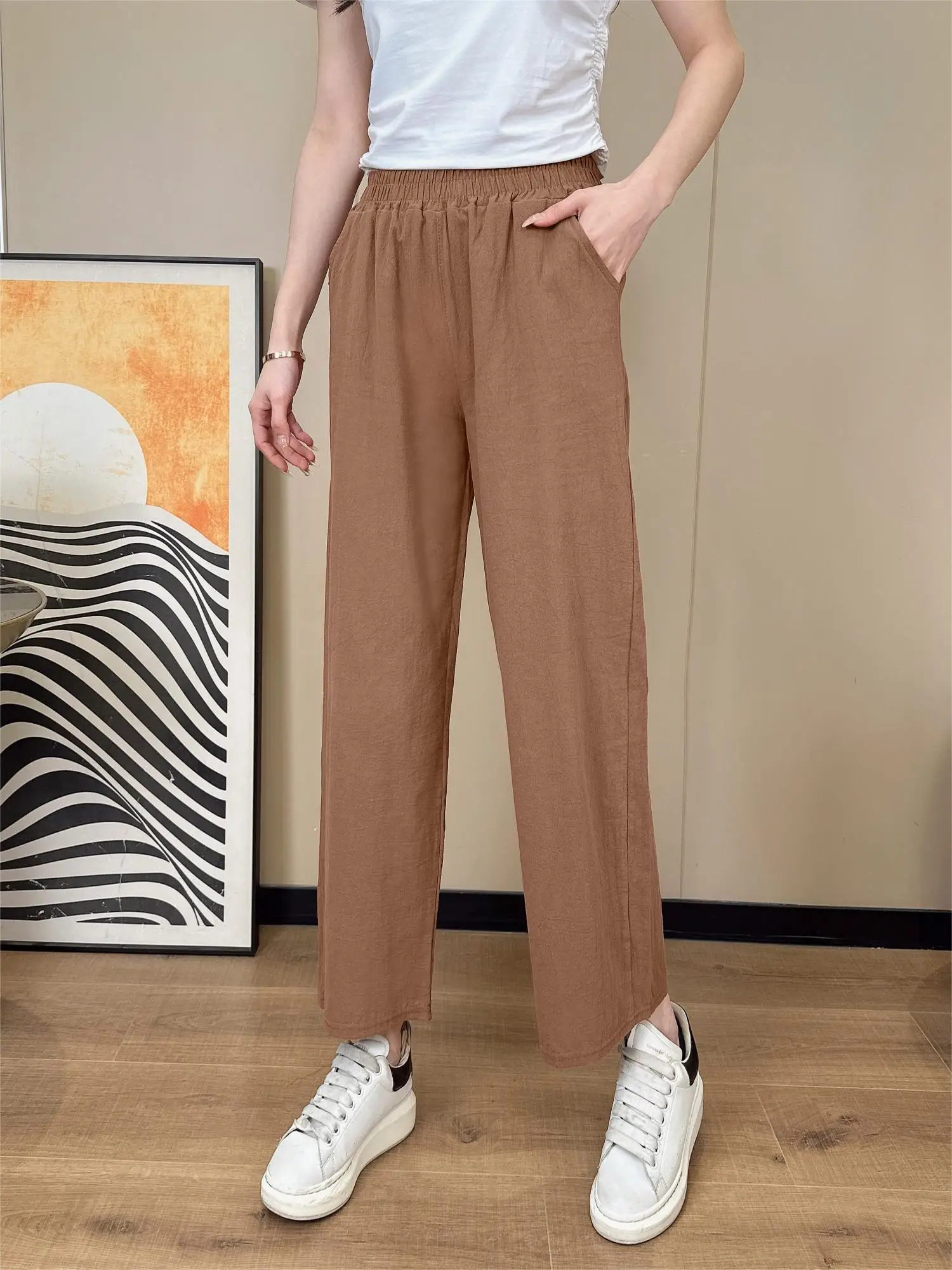 2024 Summer New Korean Cotton Linen Wide Leg Women\'s Cropped Pants Thin Loose Casual High Waist Straight Trousers Woman Clothing