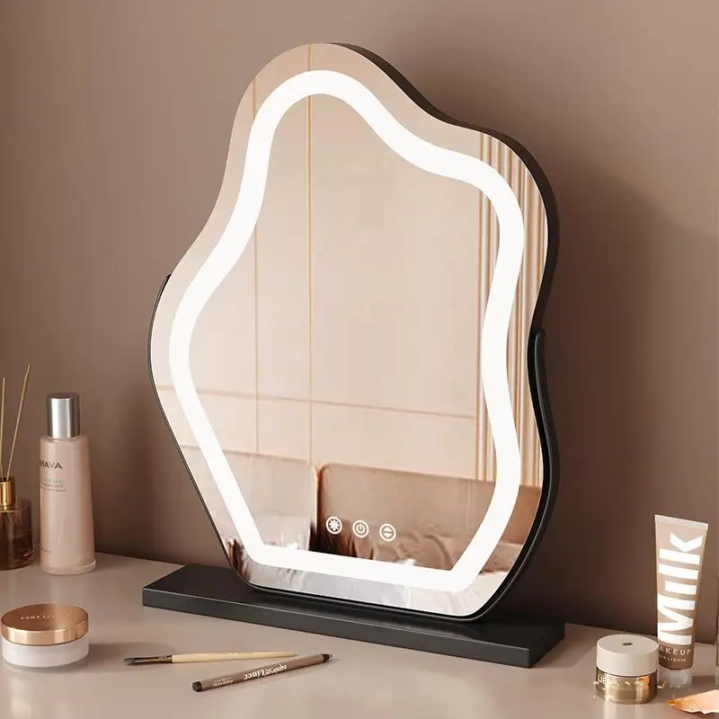 真のHD LEDクラウド化粧鏡、ライト付き卓上バニティミラー、スマート寝室用、ミニマリストで不規則な形