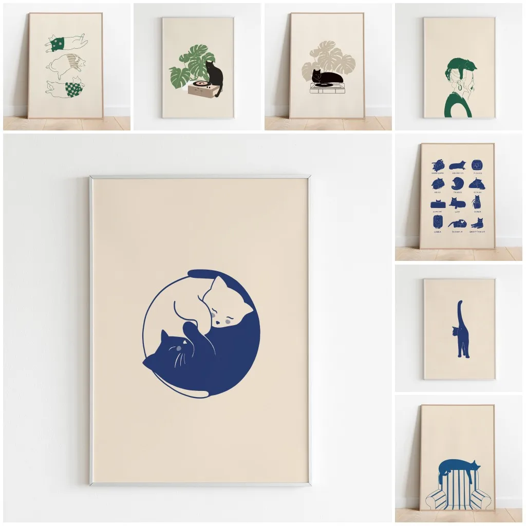 Minimalistische Ästhetik Niedliche Tier-Wandkunst-Illustrationen, Poster, Schlafendes Kätzchen Leinwandgemälde Wohndekor-Poster