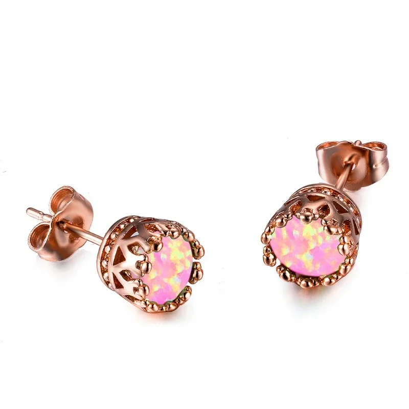 Rose Gold 10 Claw 6mm round Purple Australian Treasure Earrings - European And American Style Temperament Jewelry Accessory