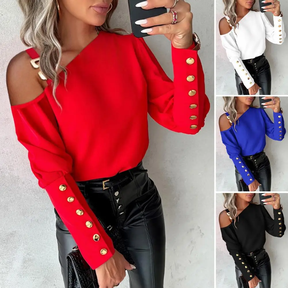 One Shoulder Lady Shirt Long Sleeve Buttons Decor Women Blouse Elegant Soft Pullovers Tops Loose Casual Blouses Shirt Spring