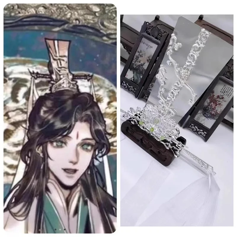 Shi Qingxuan Cosplay Pruik Spel Anime Tian Guan Ci Fu Fengshi Haar Kroon Opvouwbare Waaier Zwarte Pruik Kroon Fuchen Prop Voor Halloween