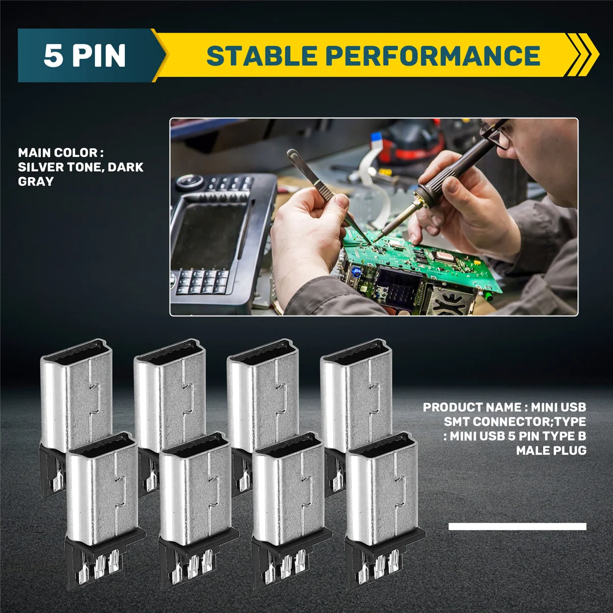 B66C 10 Stück Mini USB 5-poliger Stecker DIY SMT-Stecker Silberton Dunkelgrau