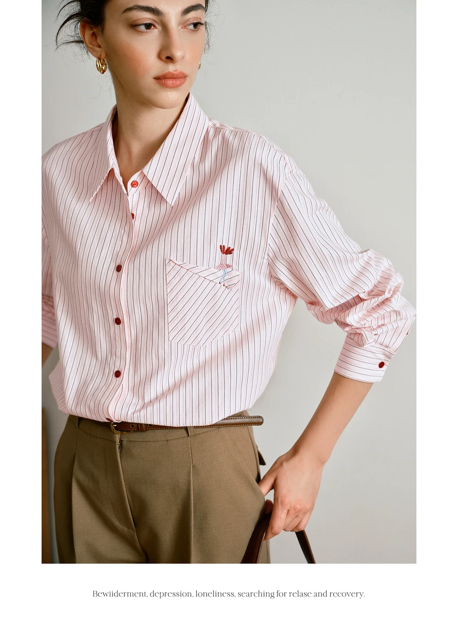 OLrain قمصان غير رسمية متعددة الاستخدامات للنساء 2025 خريف جديد ركاب نحيل مخطط قميص علوي للسيدات بلوزة بأكمام طويلة M57QC000129