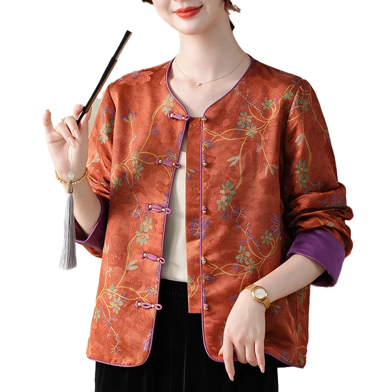 New Chinese Style Qipao Tops Jacquard Satin Elegant Cheongsam Long Sleeve Jacket Round Collar Vintage Button Clothes Shirt