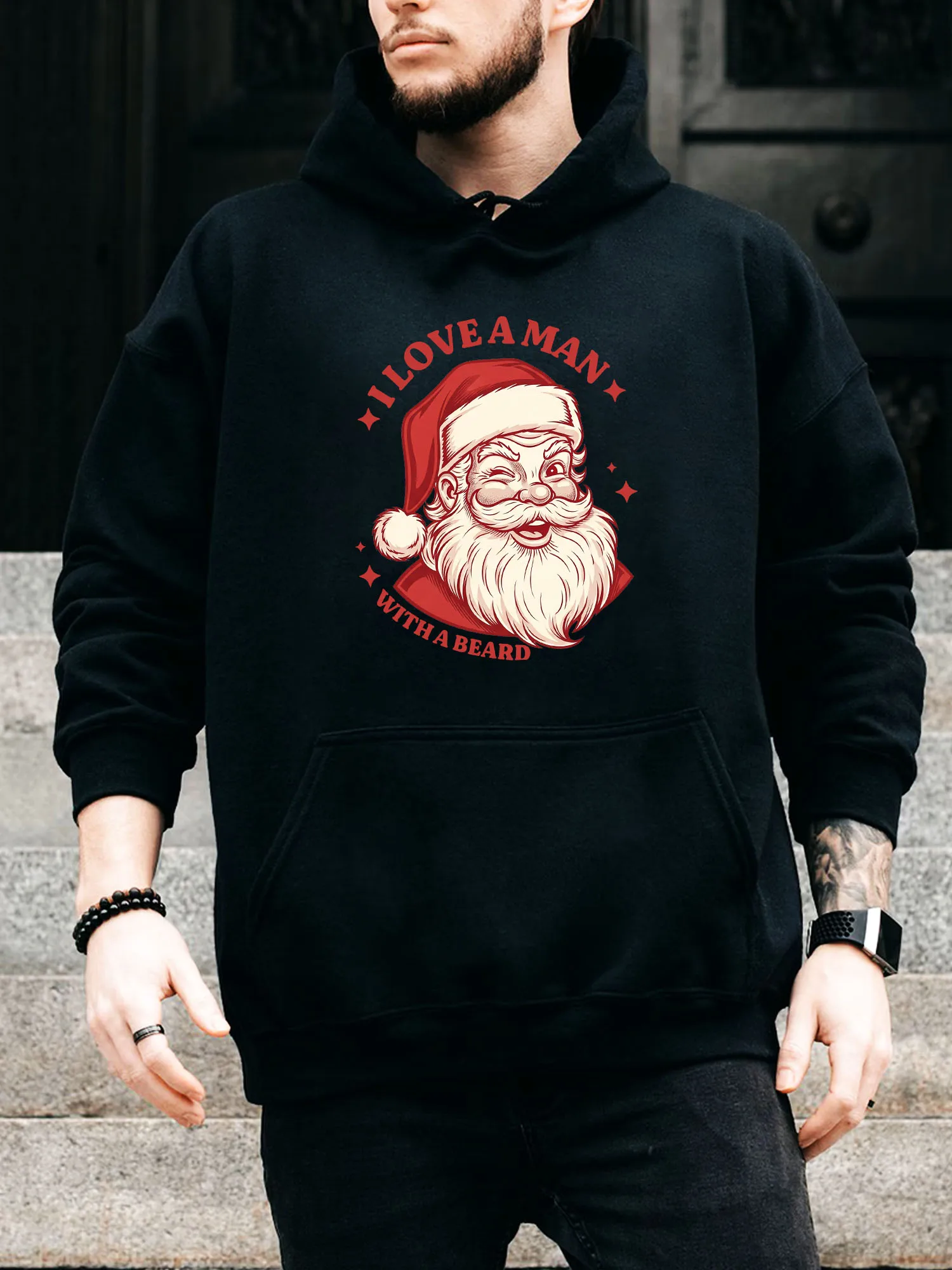 

Love a Man with Beard Men's Drawstring Hoodie - Casual Comfortable Black Pullover, Fall & Winter Hooded Sweatshirt
