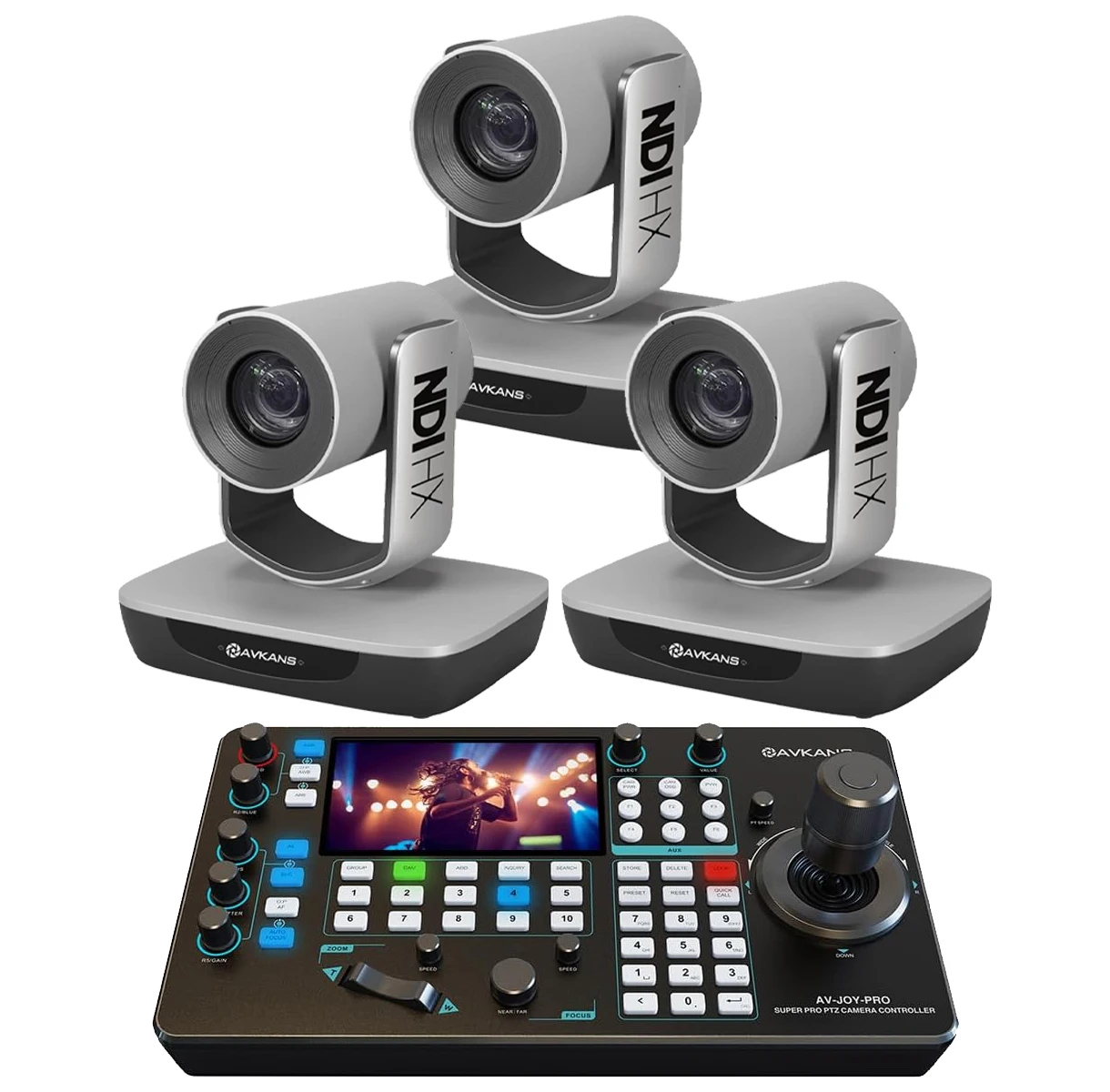 Kits de Cámaras PTZ AVKANS, 3 Cámaras NDI con Seguimiento Automático por IA de 20X y 1 Controlador de Joystick Super PTZ para Culto L