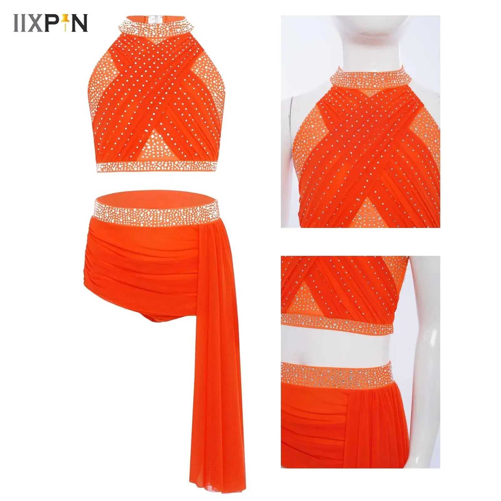 

Kids Girls Two-Piece Lyrical Dance Outfit Halter Sleeveless Strappy Back Cross Mesh Shiny Rhinestones Crop Top+Ruched Mesh Skirt