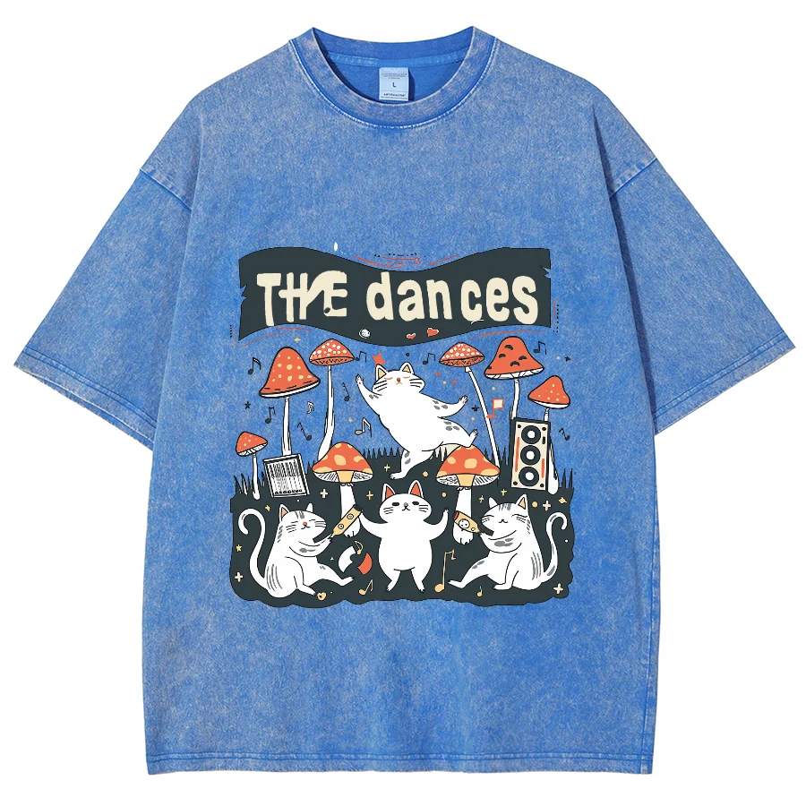 Kitten Print T-Shirt With Mushrooms Dancing In The Rain Retro Neutral Style Round Neck Pullover Loose Shoulder Short Sleeves