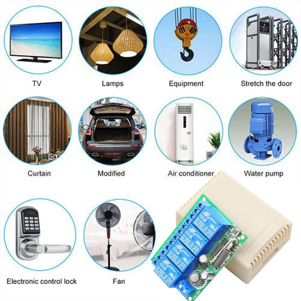 RF 433MHz DC 6V 12 18V 24V 30V 4CH Relay Receiver Wireless Remote Control Transmitter Switch for Light/Car/Garage/Truck/Motor