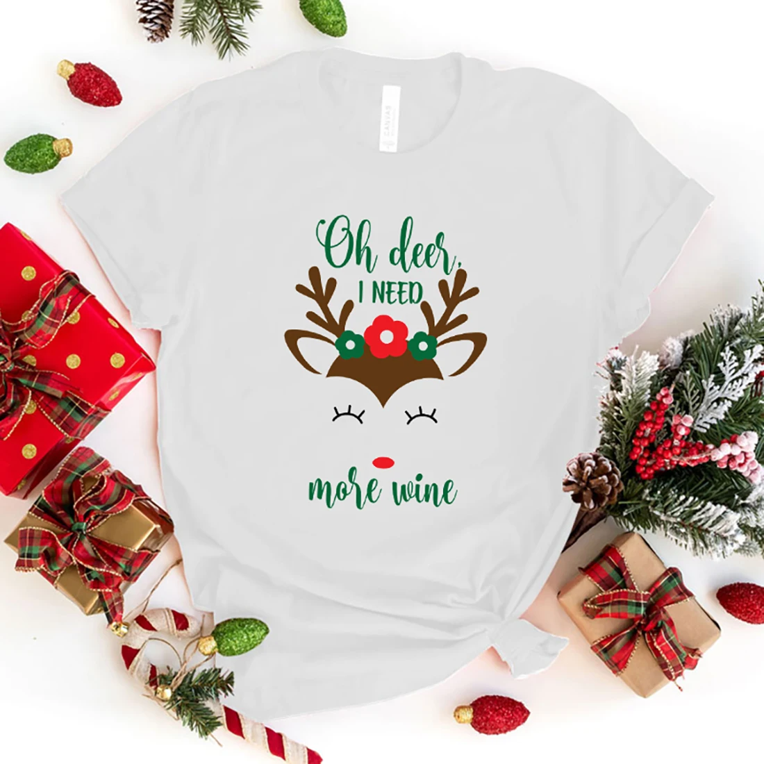 

New Fuuny Christmas Oh Deer I Need More Wine Letter Printed Unisex Men'S And Women'S Fashion Short Sleeve Christmas tops