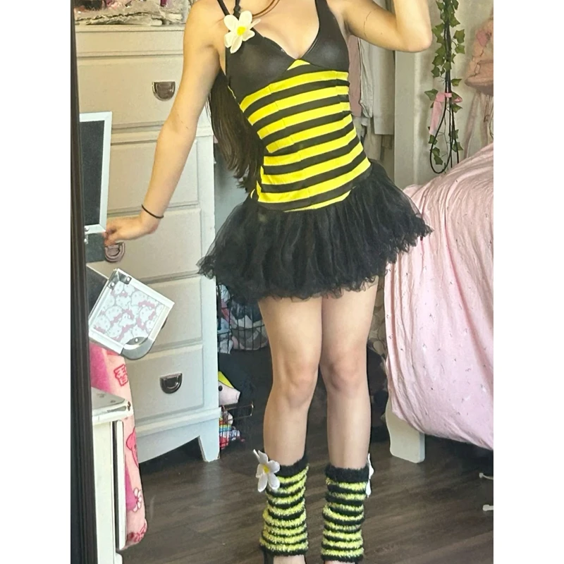 Women Bumble Bee Costume Set Striped Honey Bee Tutu Dress with Bee Wings Antenna Headband Bee Wand Halloween Cosplay