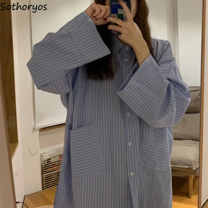 

Рубашки женские в полоску свободные в корейском стиле BF простые модные офисные женские осенние однобортные топы с карманами для студентов