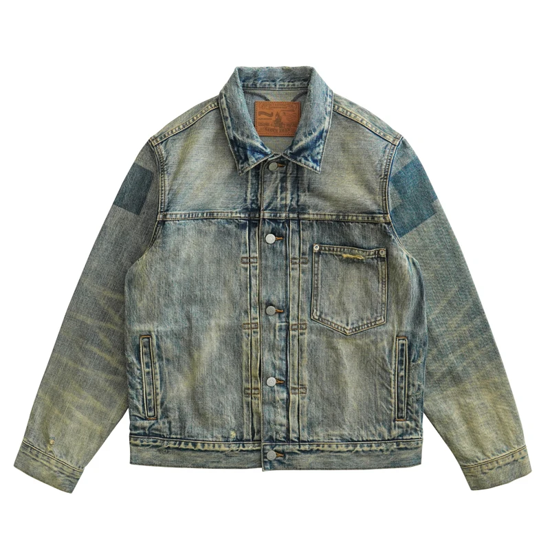 Sauce Zhan Mans Denim Jacket Destroy Wash Distressed Selvedge Ripped Jean Jacket Men 14.5 Oz Loose Fit