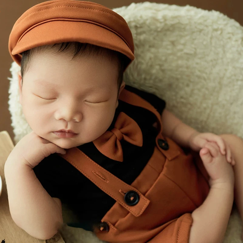 Little Gentleman Theme Boy Photography Outfit Newborn Photography Clothing+Hat 2pcs/Set Infant Studio Photo Shooting Accessories