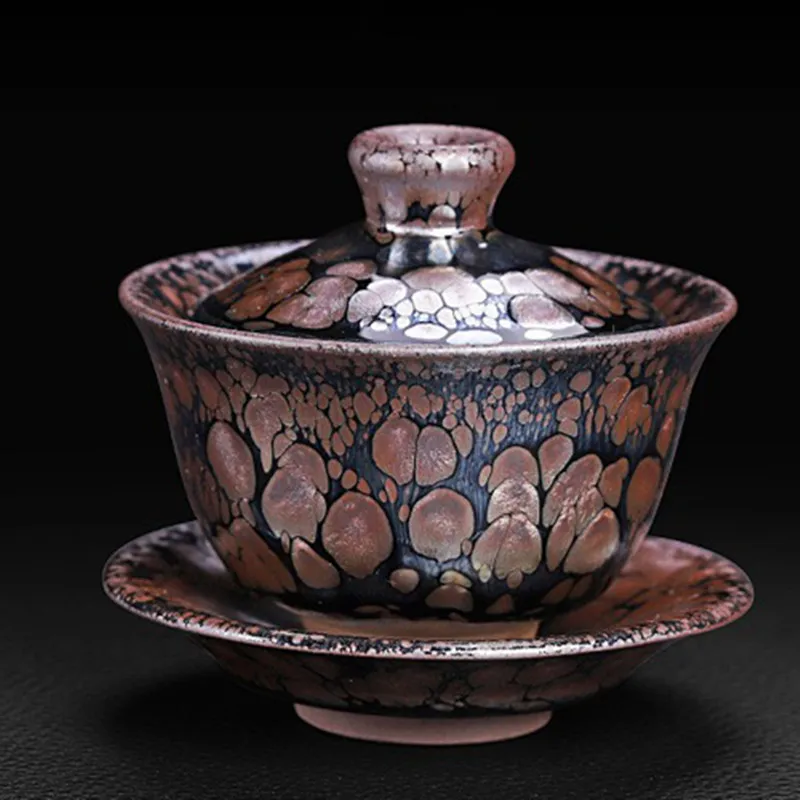 

JianZhan 170ml Tenmoku Gaiwan Sancai Teacup High Quality Color Oilspot Tenmoku Glaze Ceramic Tea Set Tea Tureen