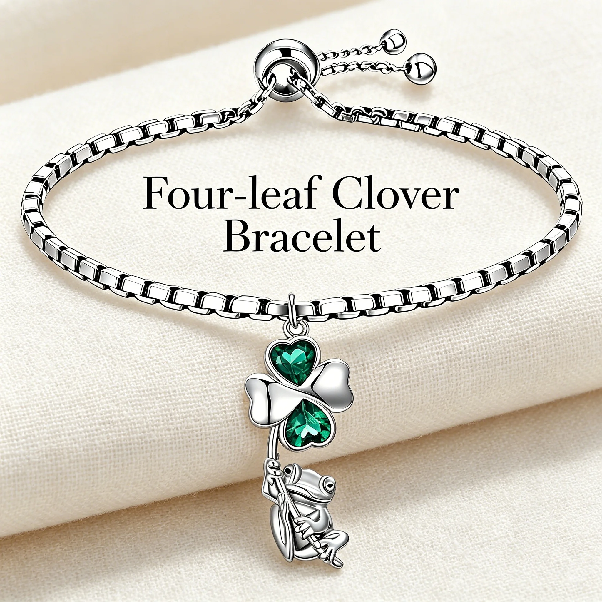 Green Finish Four-Leaf Clover Holding Frog Adjustable Box Chain Bracelet for Women, Lucky Expectation Smooth Fortune Positive Transformation Blessing Themed Polished Bangle, Fresh Lucky Charm Daily Jewelry Gift