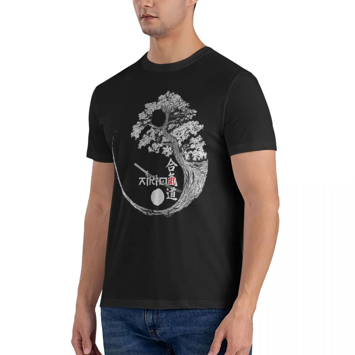 Katana Tree T-Shirt Men Aikido Vintage Pure Cotton Tee Shirt Round Collar Short Sleeve T Shirt Adult Clothing