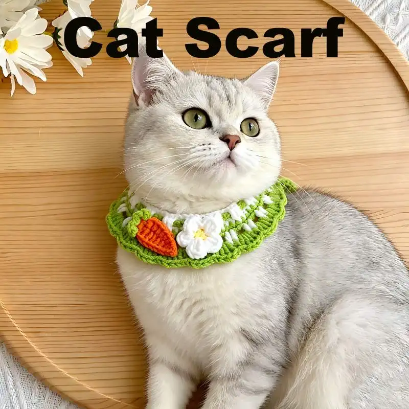 

Crochet Pet Collar Cute Princess Style Handmade Carrot Flower Green New Party Decoration Pet Dress-up Set Cat Puppy Accessories