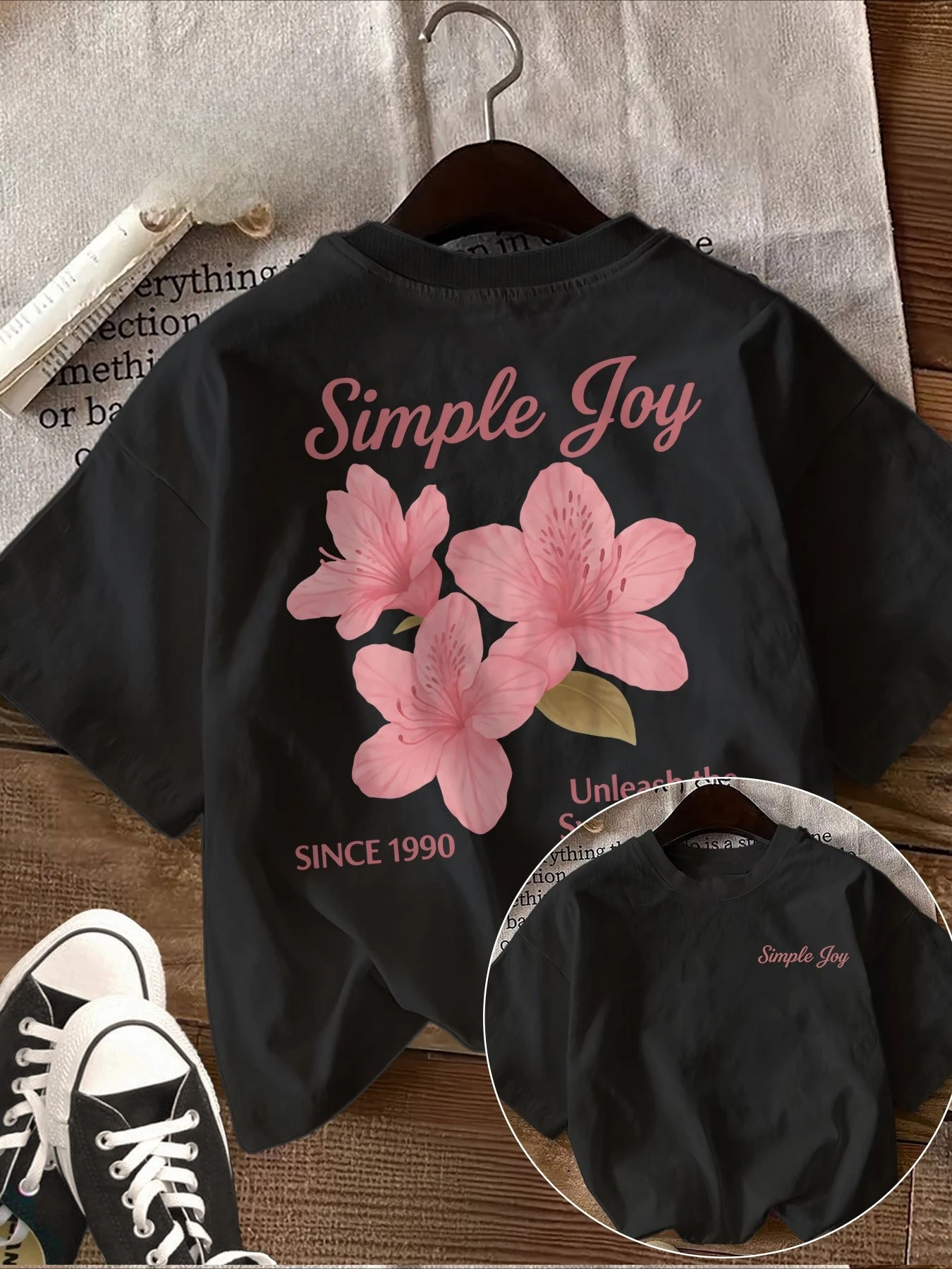 Double-sided Print Fresh Style Pink Floral Print Simple Joy Unleash The Sweet Within Round Neck Sleeve Fashion Aesthetic Clothe